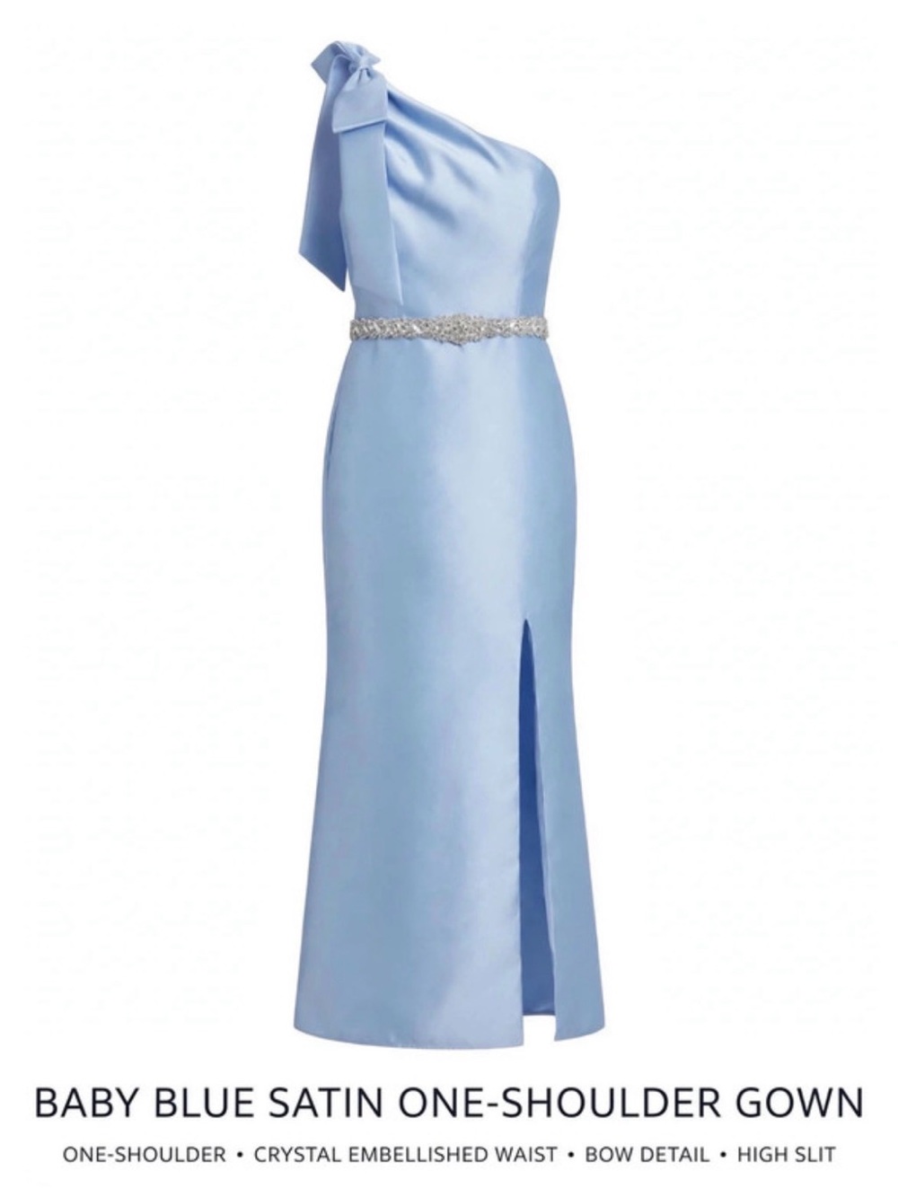 Alfred Sung Size 12R Sky Blue One- Shoulder Satin Bow Gown | Crystal Belt
